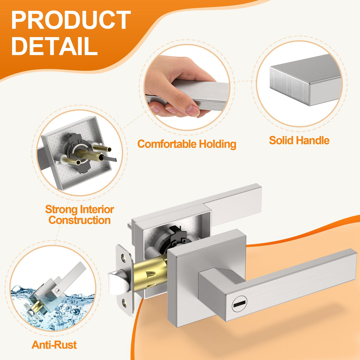 6 Pack Brushed Nickel Door Handle, Door Knobs Interior Heavy Duty, Flat Square Privacy Door Levers, Keyless Door