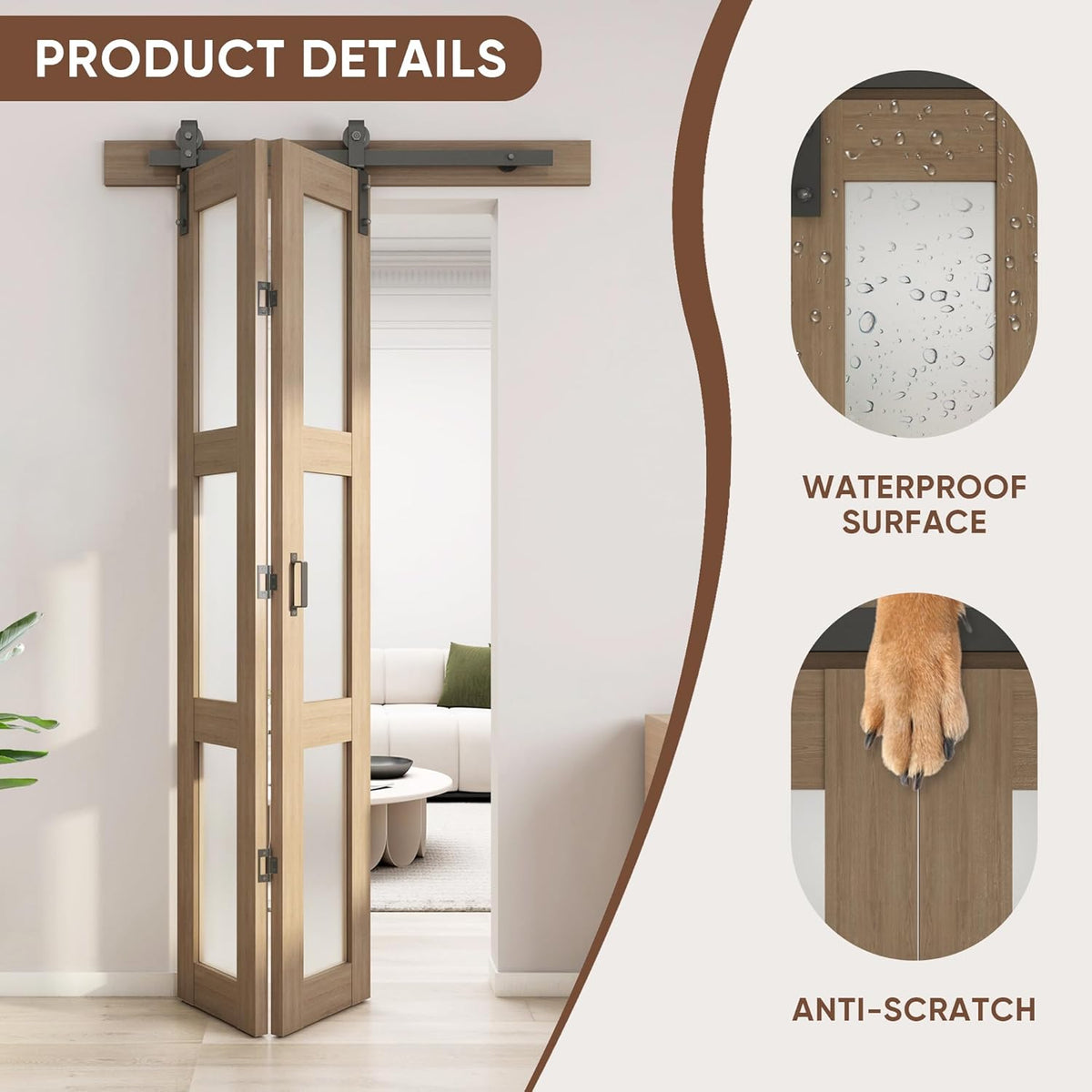Bifold Glass Barn Door, 32Inch Bi Fold Sliding Barn Door Kit with Hardware Include, 3-Panel Glass Barn Door Slab, Solid Wood Barn Door with MDF & Water-Proof PVC Surface, Brown