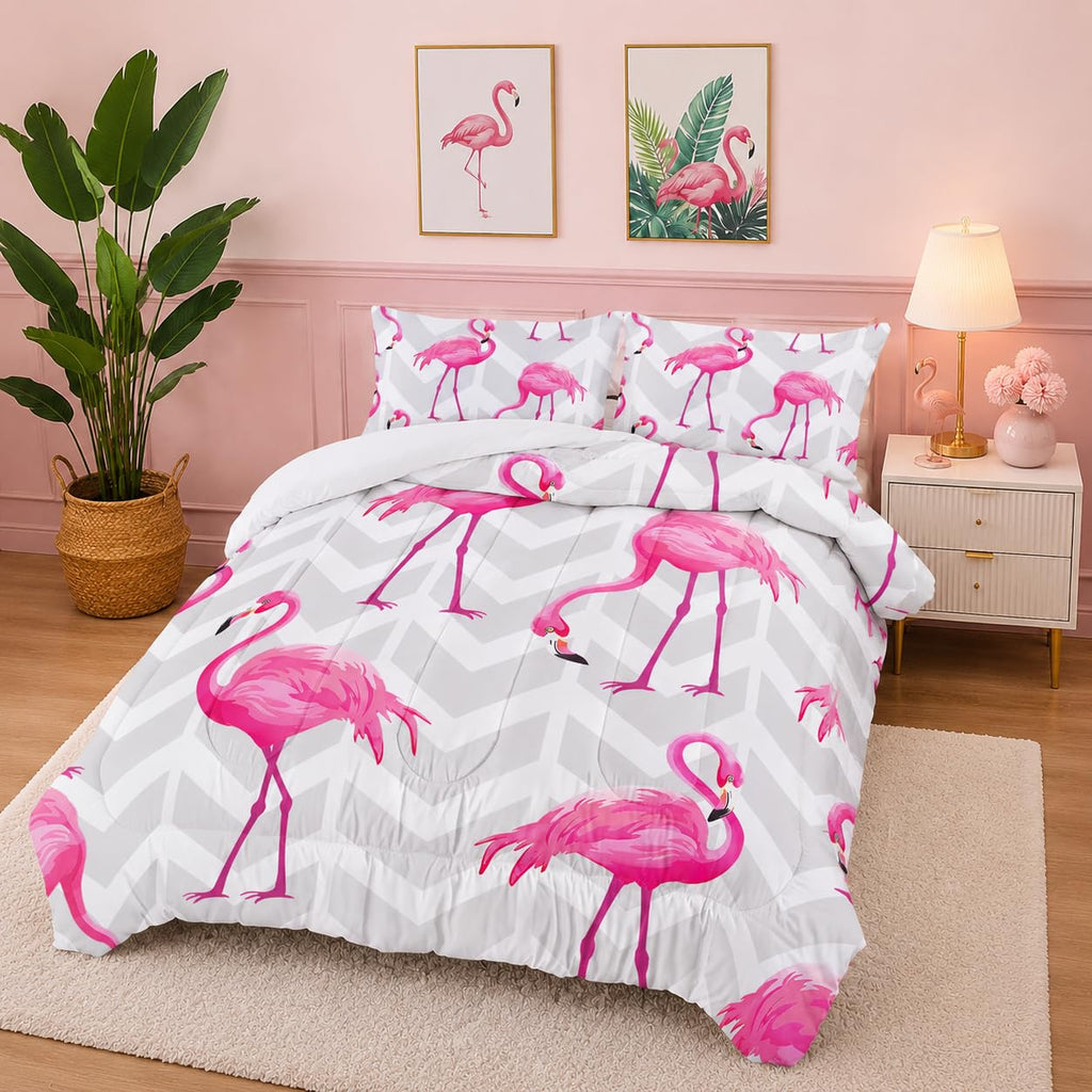 Flamingo Comforter Set - Tropical Geometric Stripe Bedding Set with 1 Comforter and 2 Pillowcases