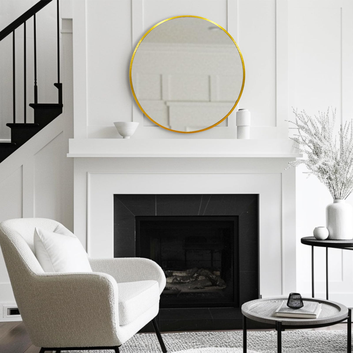 Gold Circle Mirror 24 inch, Round Mirror, Brushed Gold Metal Frame