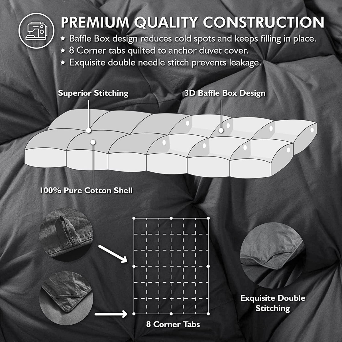 Luxurious Palatial /Super Goose Down Comforter, 120 X 90 inches, Unique Gray Pinch Pleat, 600 Thread Count