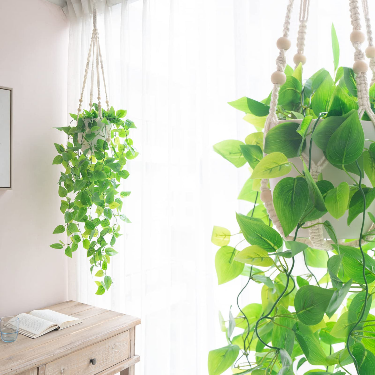 Fake Hanging Plant, Macrame Hanger with Pothos Vines & Pot, Ivory
