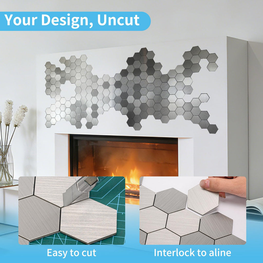 10-Pack Metal Peel and Stick Backsplash Tile, Silver Hexagon