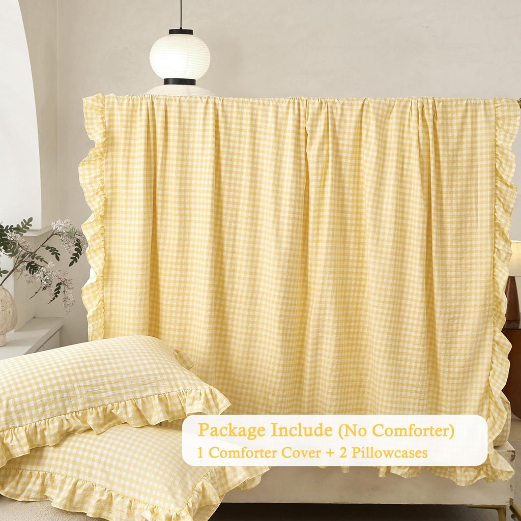 3 Pieces Yellow Plaid Gingham Ruffle Duvet Cover Set