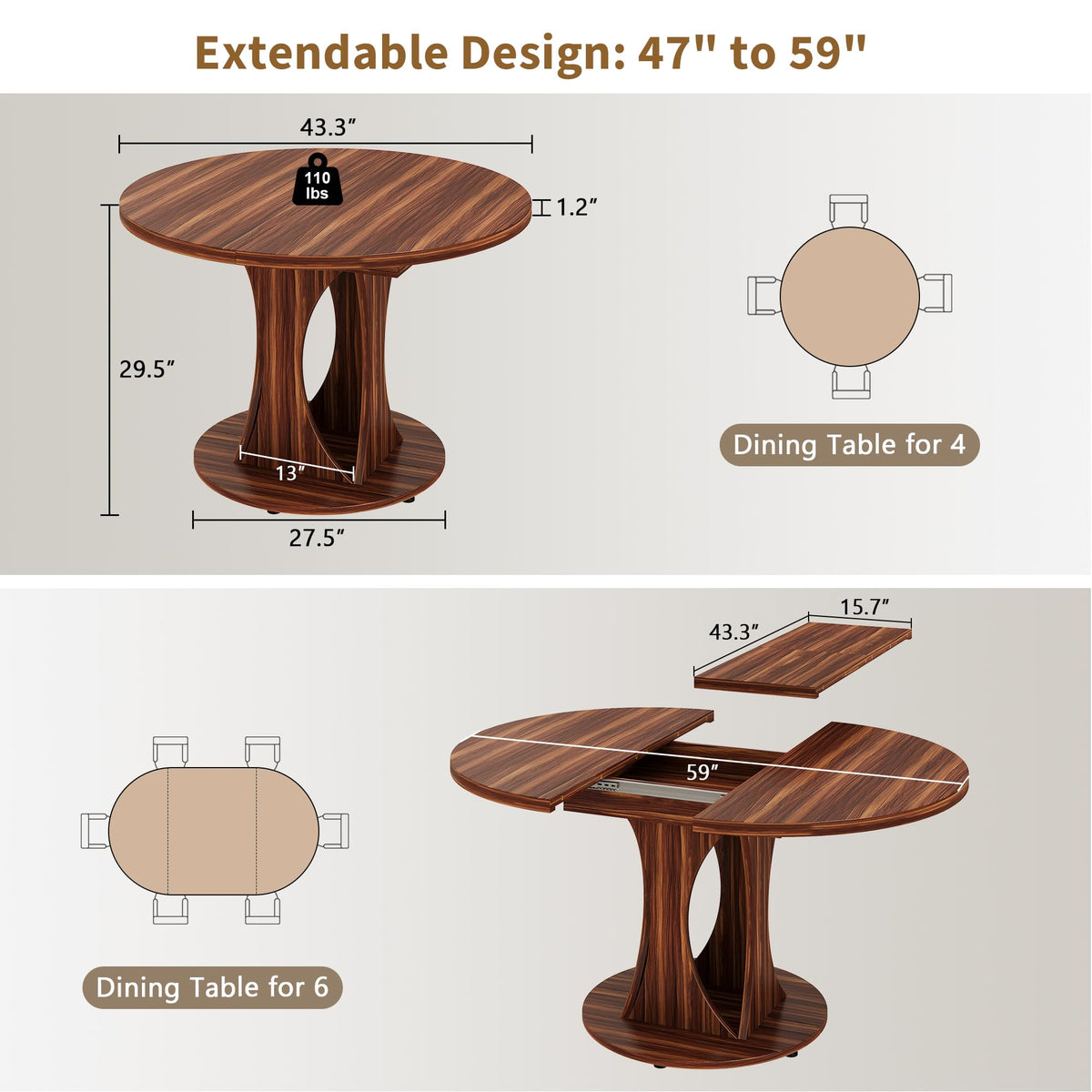 Inspired Saarinen Style 43"-59" Extendable Dining Table, Round Kitchen Table with Modern Arcs Pedestal, Oval Dinner Table with Removable