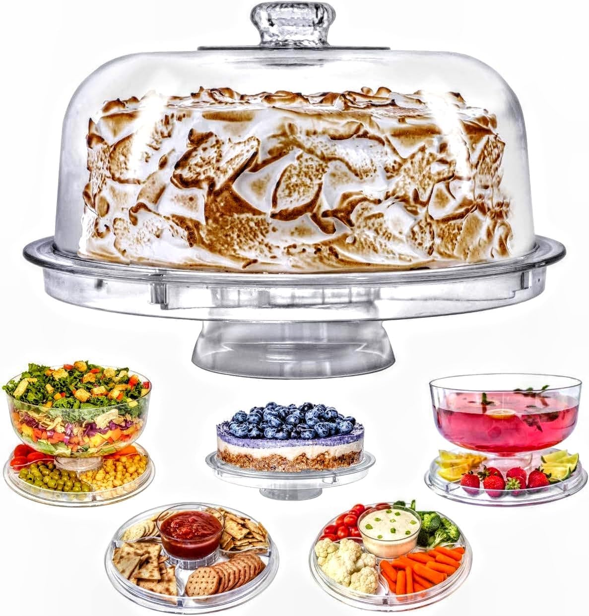 Cake Stand with Dome Cover, 6-in-1 Multi-Purpose Use, Cake Stand with Lid, Serving Platter, Punch Bowl, Desert