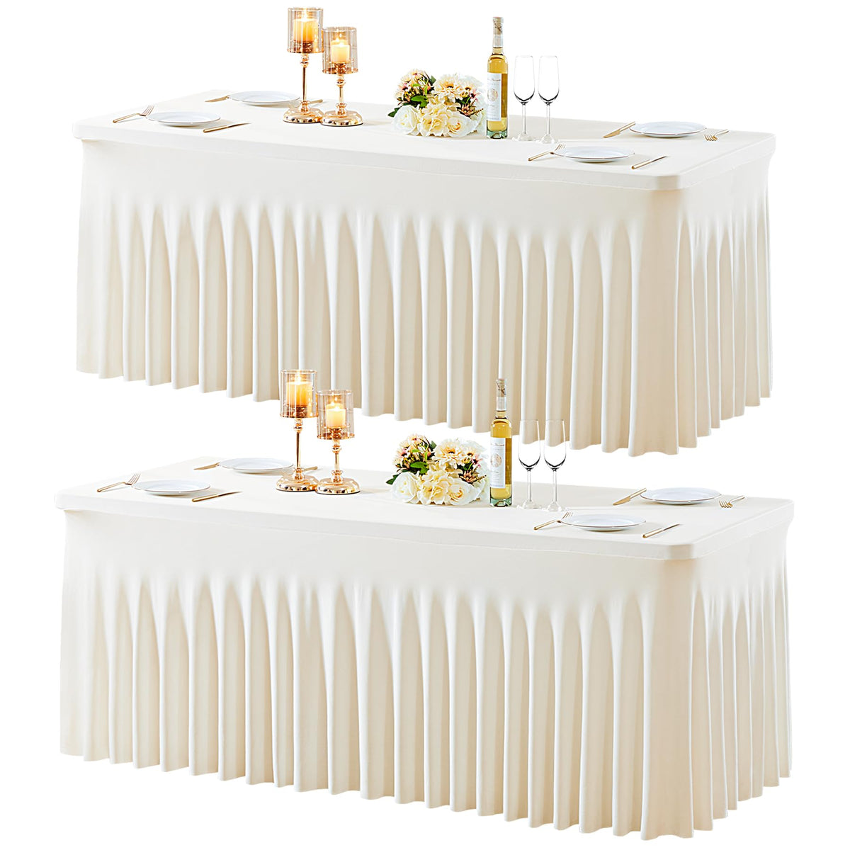 2 Pack Spandex Ivory Fitted Table Cloth for 6ft Rectangle Tables Ivory Stretch Tablecloth Banquet Table Covers Skirt