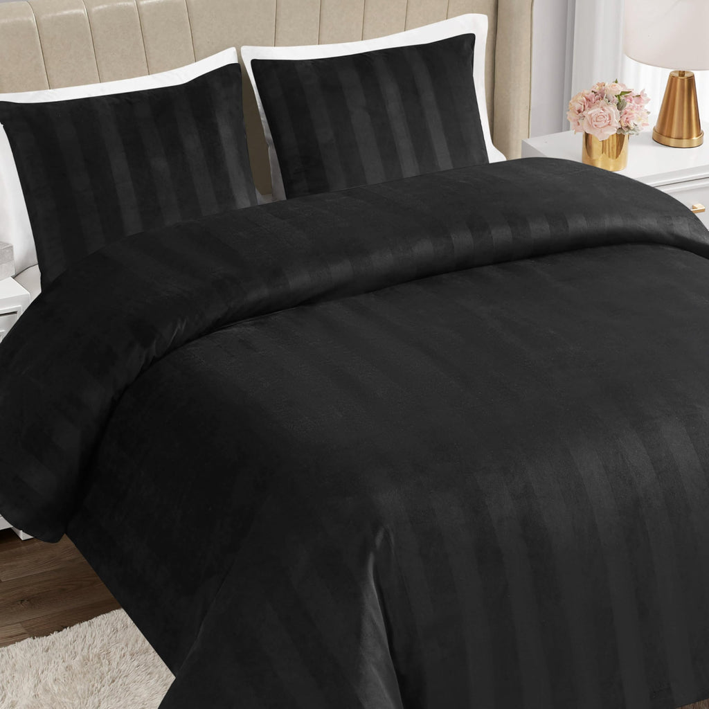 Jenny Velour Striped Jacquard Size Comforter Bedding Set Ensemble - Black 3 Piece Set