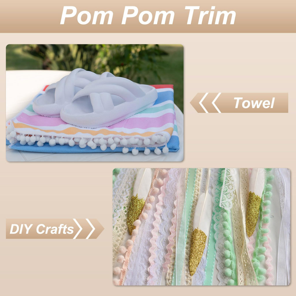 Pom Trim Ribbon, 0.5" Wide White Pom Ball Fringe Trim Sewing Fringe Fabric Trim Ribbon for DIY Crafts - 25 Yards