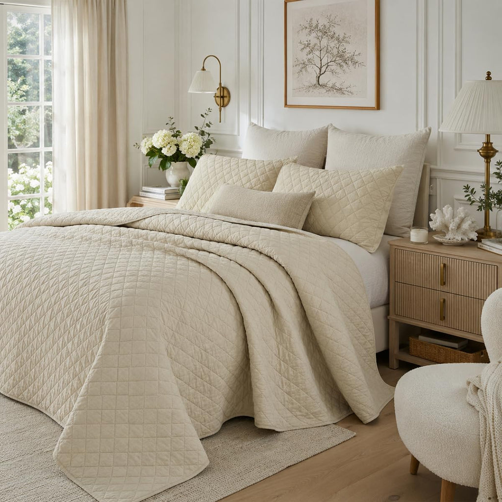 Beige Plaid Stitched Quilt Set Cotton All Season Coverlet
