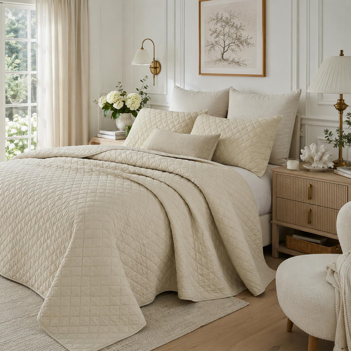 Beige Plaid Stitched Quilt Set Cotton All Season Coverlet