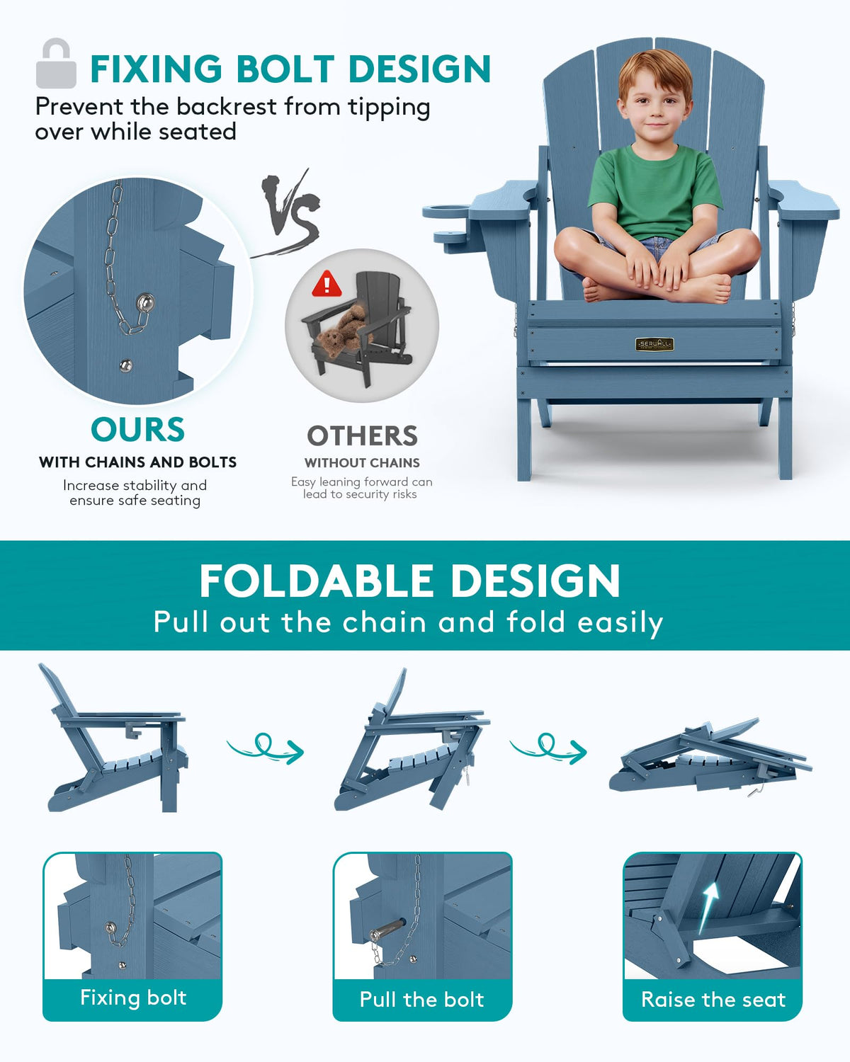 Folding Adirondack Chairs with Cup Holder, Outdoor Fire Pit - Blue