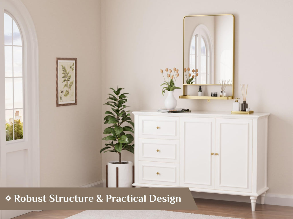 18" x 28" Gold Bathroom Mirror with Shelf, Rounded Corner