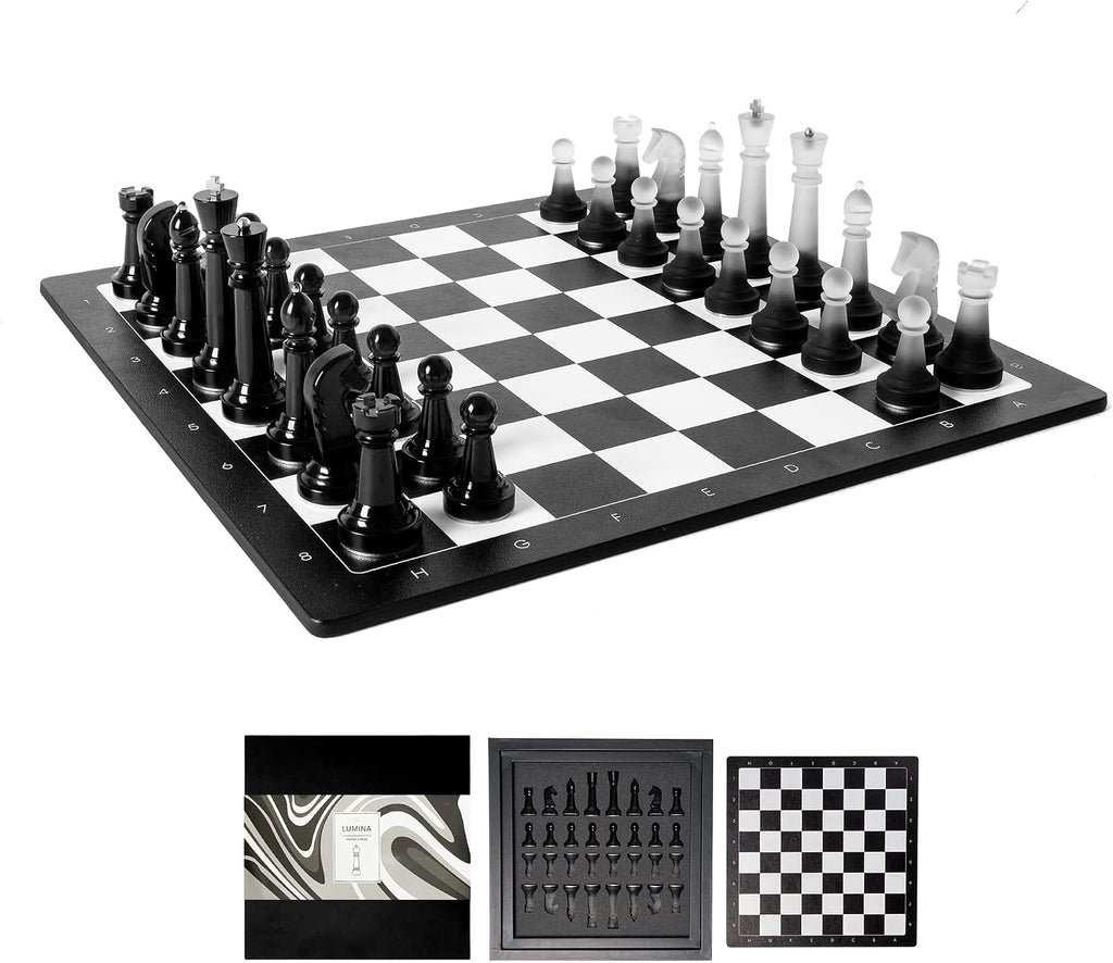 Lumina Monochrome Black and White Chess Set, Anti-Broken Resin Weighted Chess Pieces with 11" Walnut Wooden Chess