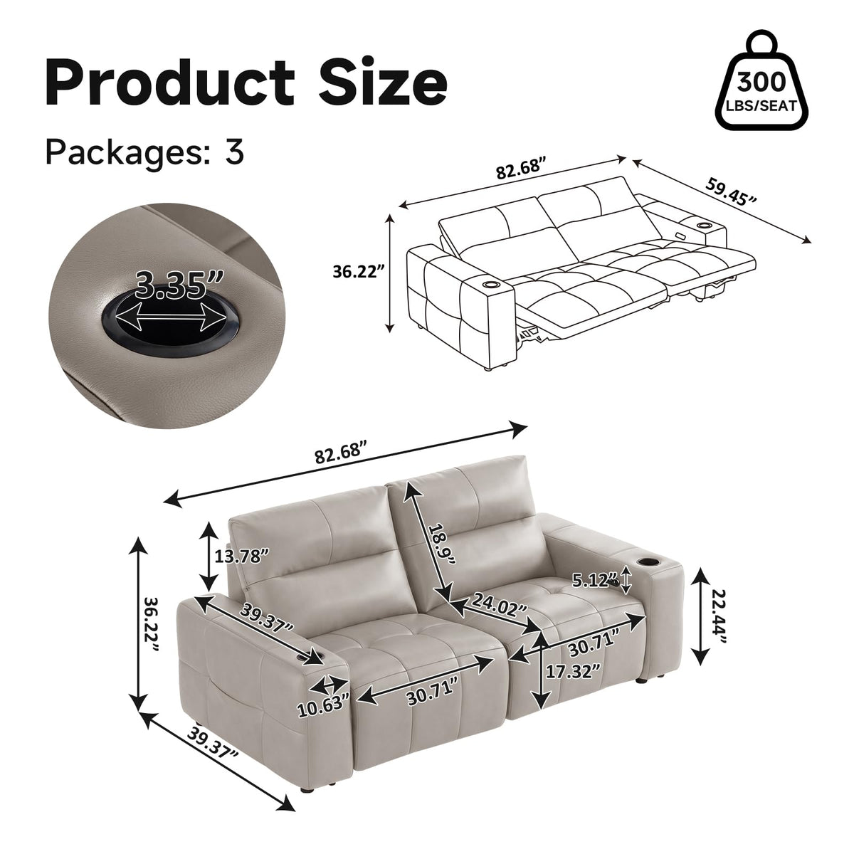 Power Reclining Loveseat Zero Gravity Genuine Leather Sofa with USB Port