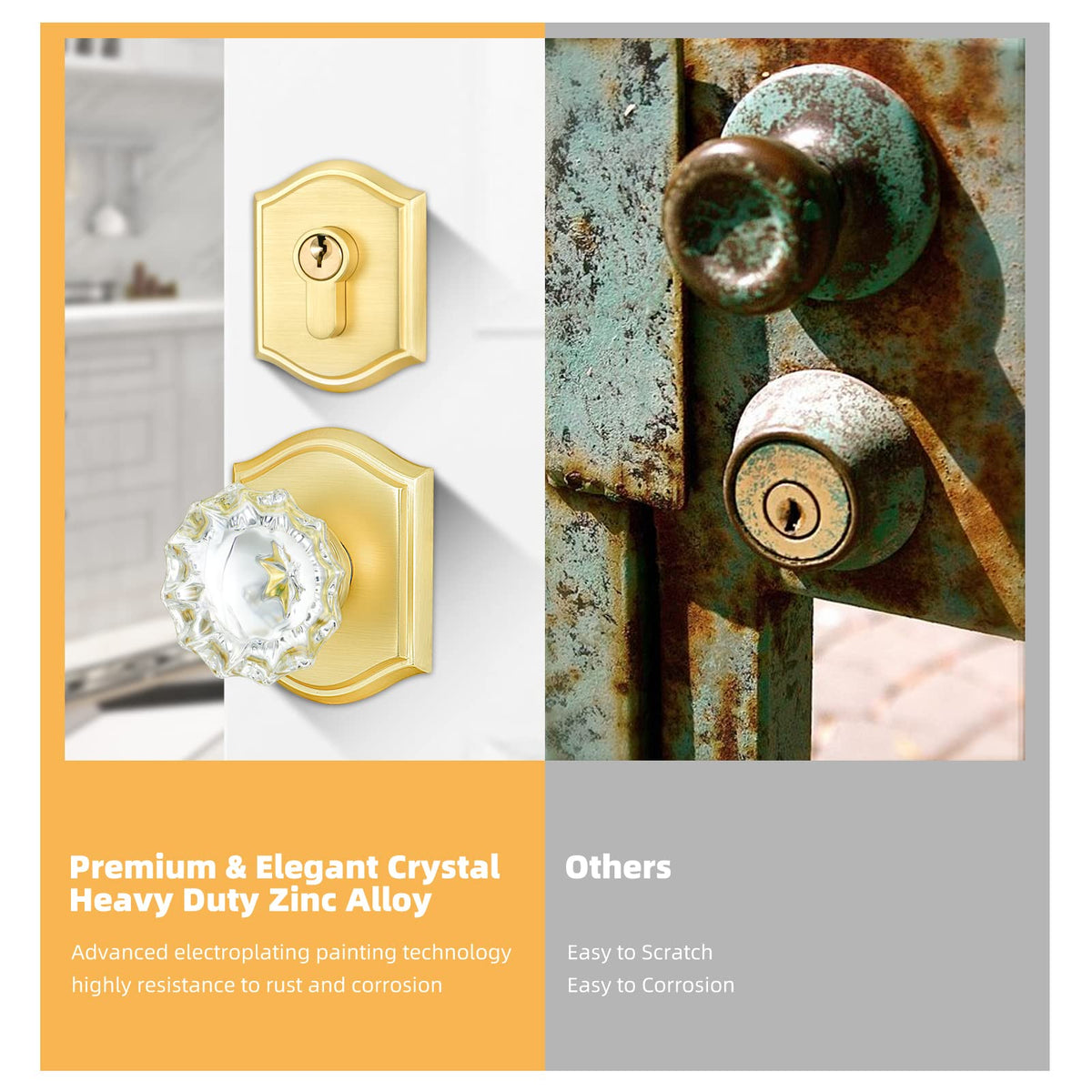 Crystal Glass Passage Door Knob and Single Cylinder Deadbolt Combo Set, Satin Brass Finish, Keyed Alike