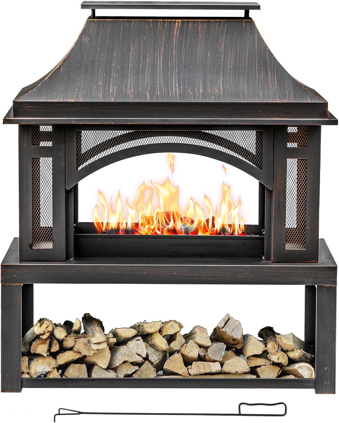 39" Fire Pits with Wood Storage for Outside, Large Wood Burning Outdoor Fireplace with Chimney