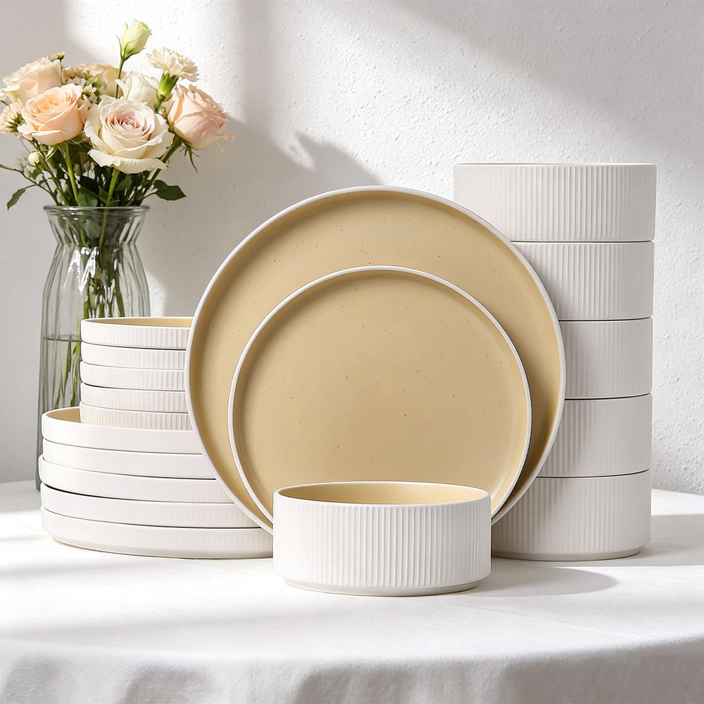 18PCS Ceramic Dinnerware Set for 4, Stoneware Plates and Bowls Sets