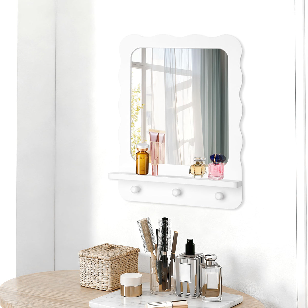 Wood Wall Mount Mirror with Shelf and 3 Hooks, 16 x 12 Inch Modern Scallop Decorative Entryway Mirror, Vanity, White