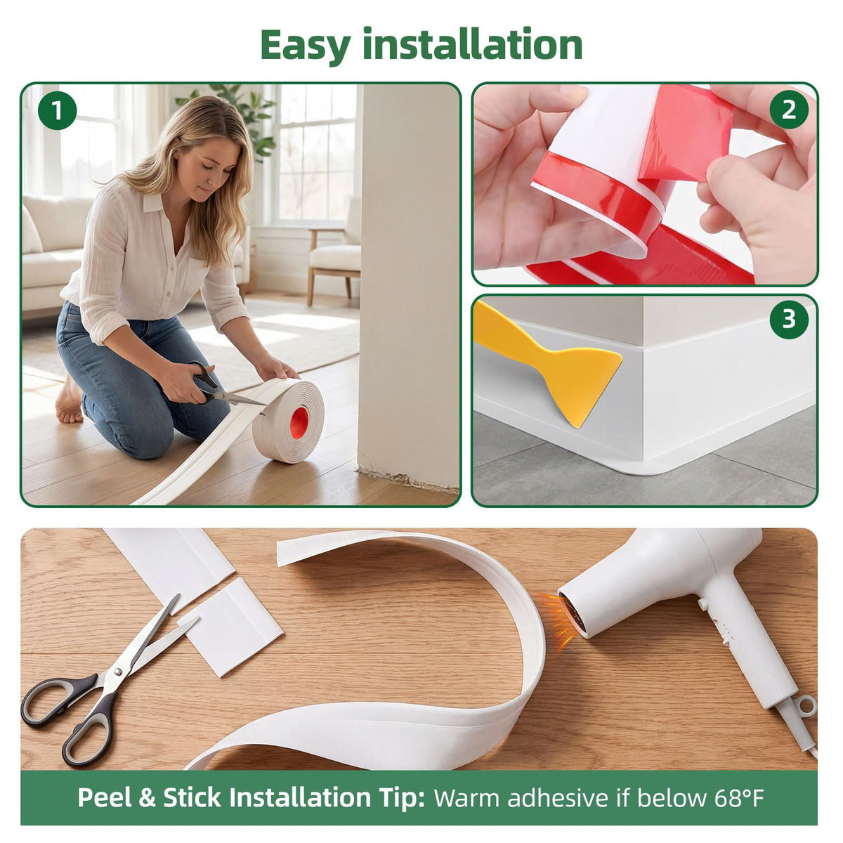 32.8ft Flexible Vinyl Baseboard Trim with Toe, Stick Wall Base