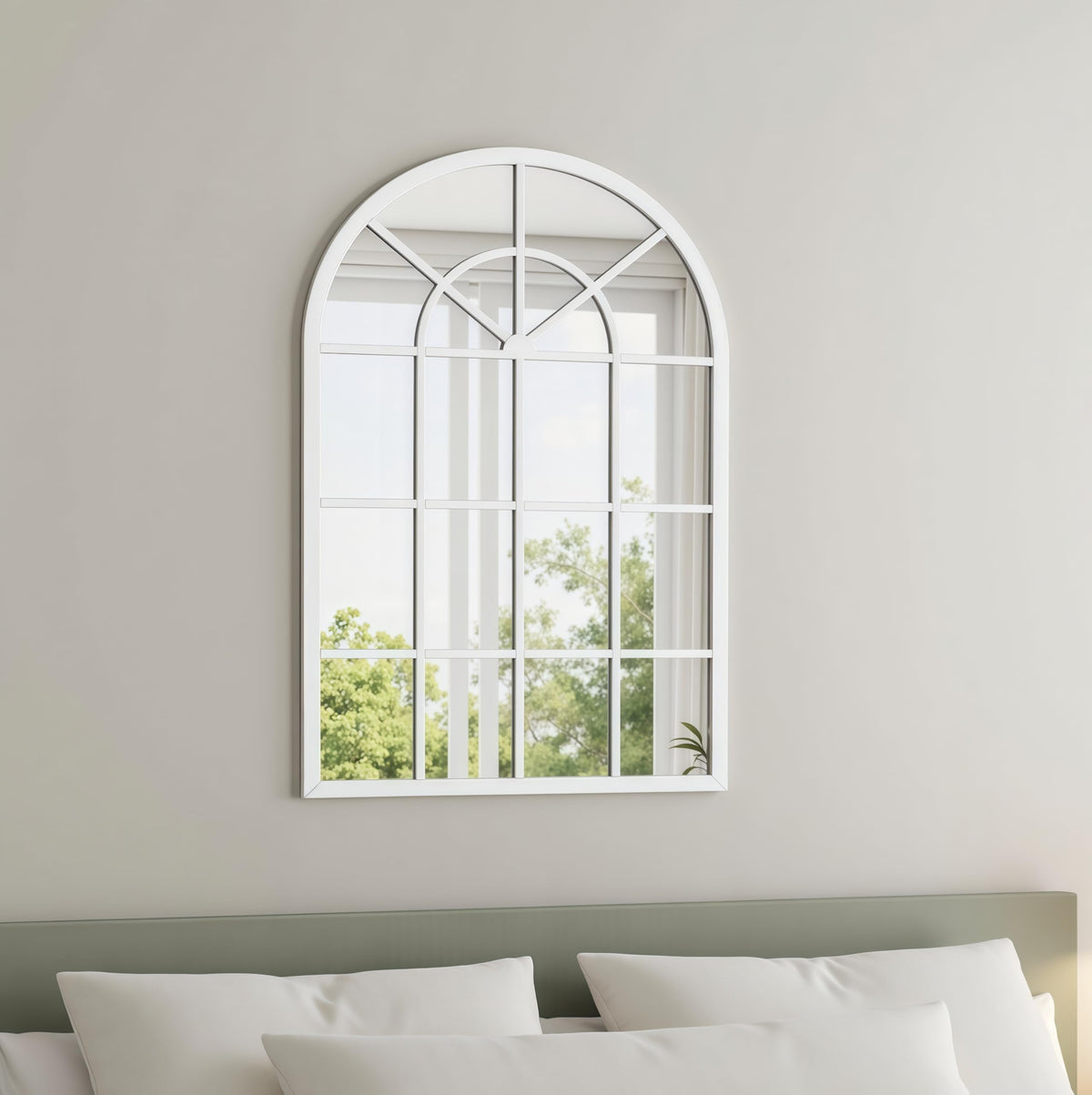 Arched Wall Mirror, 42"x30" Metal Frame Windowpane Mirror, White