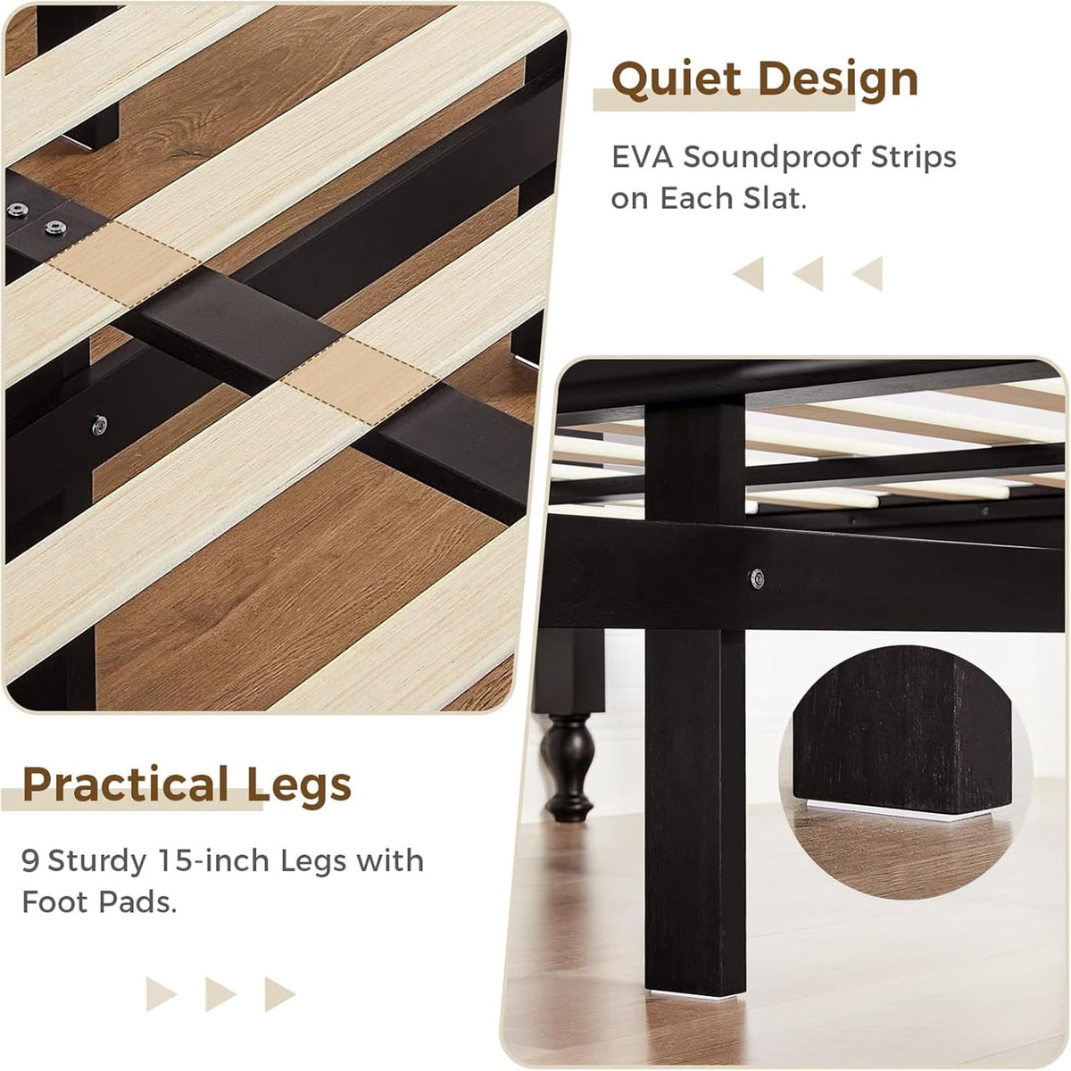 Wood Bed Frame with Wooden 50" Tall Headboard, Heavy Duty Solid Wood Slats Support, Rubber Wood Platform