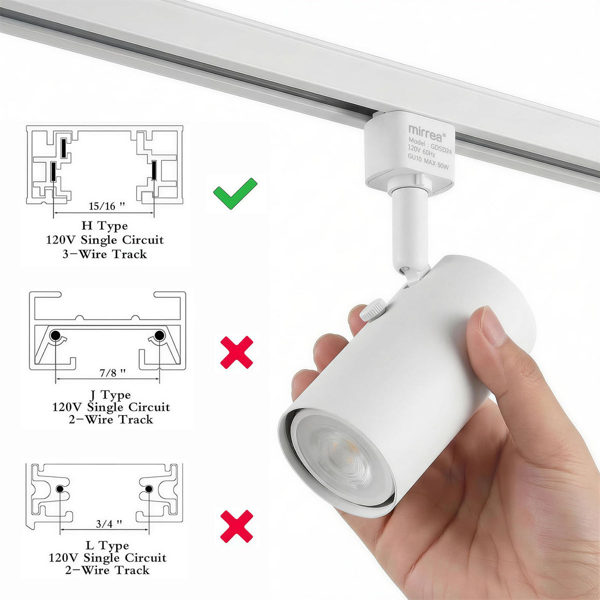 H Type Track Lighting Head to GU10 Base Adapter Light Direction Adjustable Pack of 3 (White)