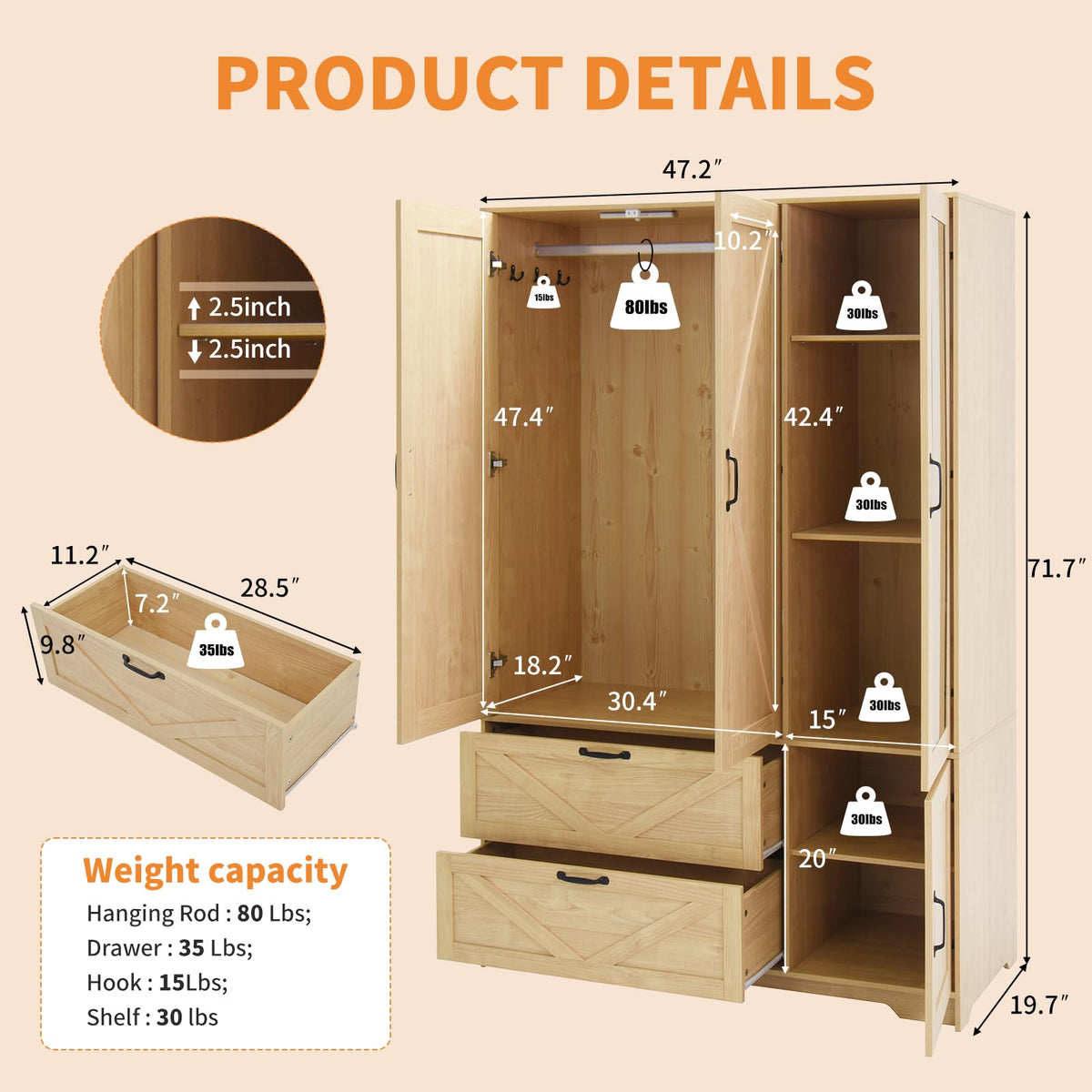 Armoire Wardrobe Closet with 3 Door, Bedroom Armoire with Mirror, LED Light, Hanging Rod, Drawers, Adjustable