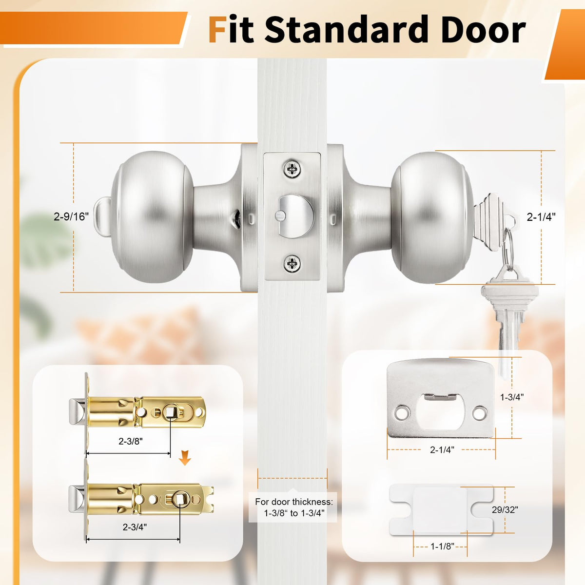 Keyed Alike Door Knobs with Lock and Key, Exterior Door Locks, Flat Ball Knob Style, Brushed Nickel, 5 Pack
