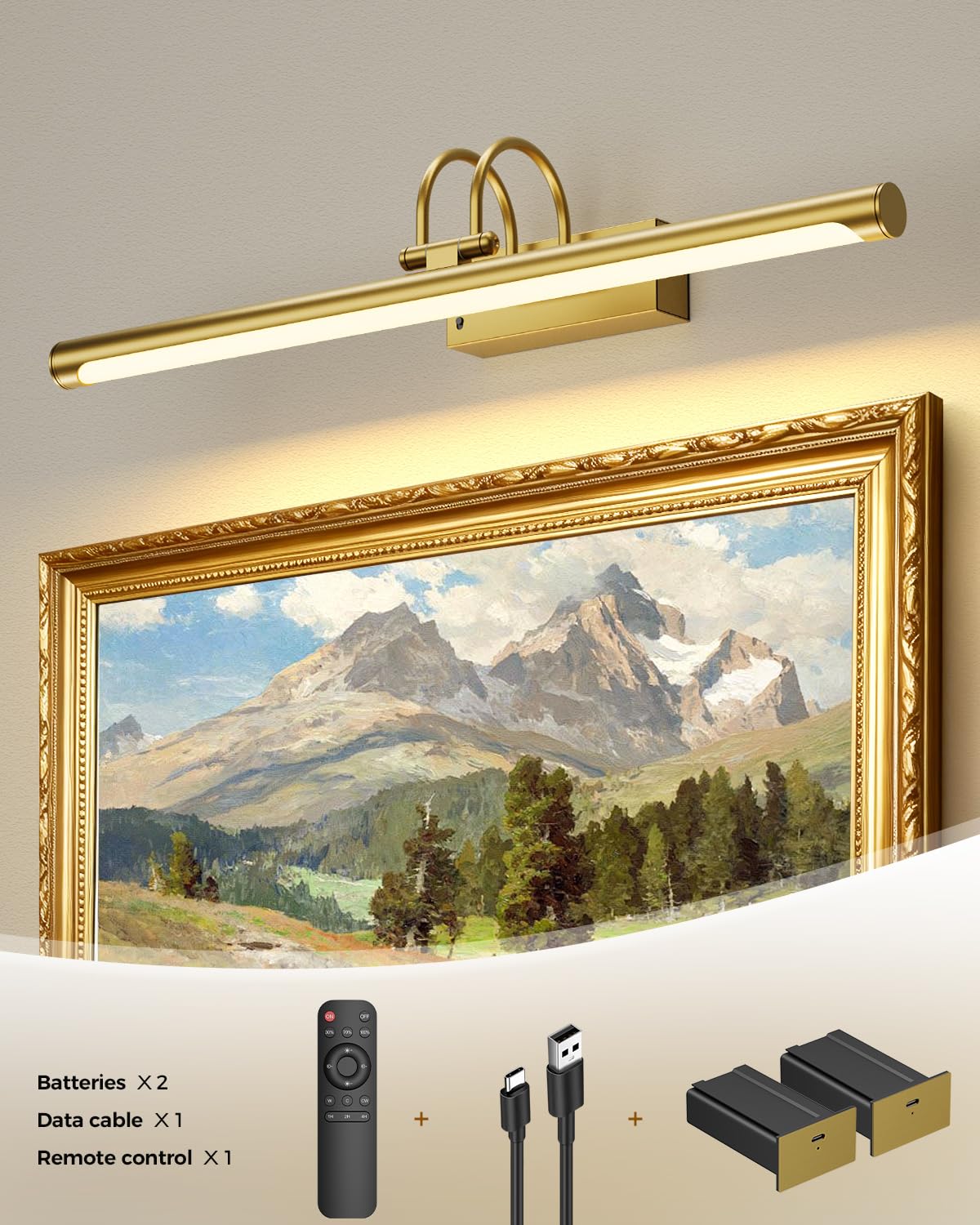 23.6′′ Wireless Rechargeable Picture Light with Remote, Large Battery Operated Wall Light for Paintings & Art