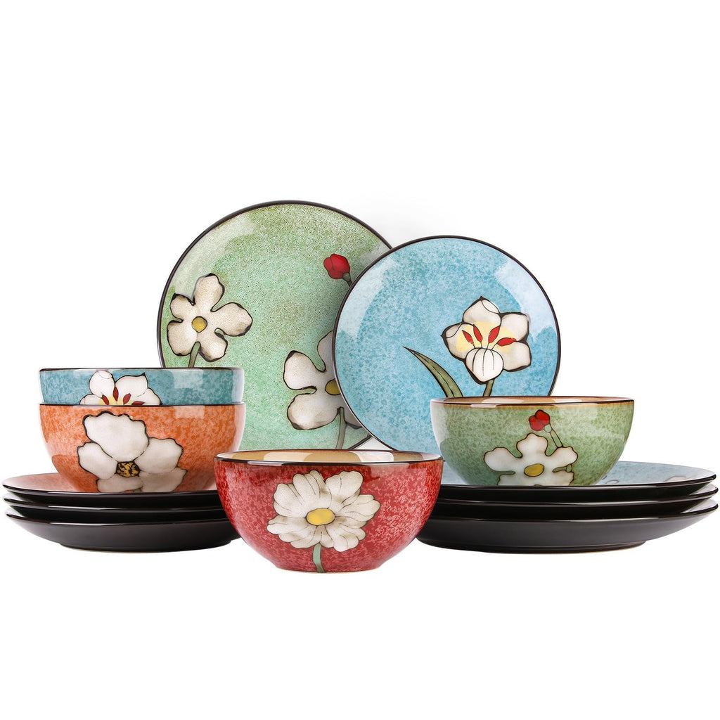 Plates and Bowls Sets,12 Pieces Kiln Changed Glaze Ceramic Dinnerware Set,Dishes Set for 4,Highly Chip and Crack