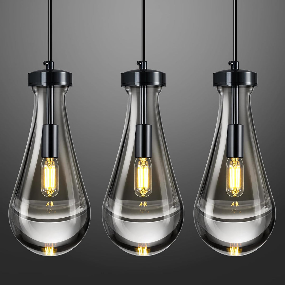 Raindrop Pendant Lights Kitchen Island Teardrop PlatingBlack Hanging Light Fixtures Clear Solid Glass Pendant Light Modern Chandeliers for Dining Room Porch Corridor Living Room(Black 3-Pack)