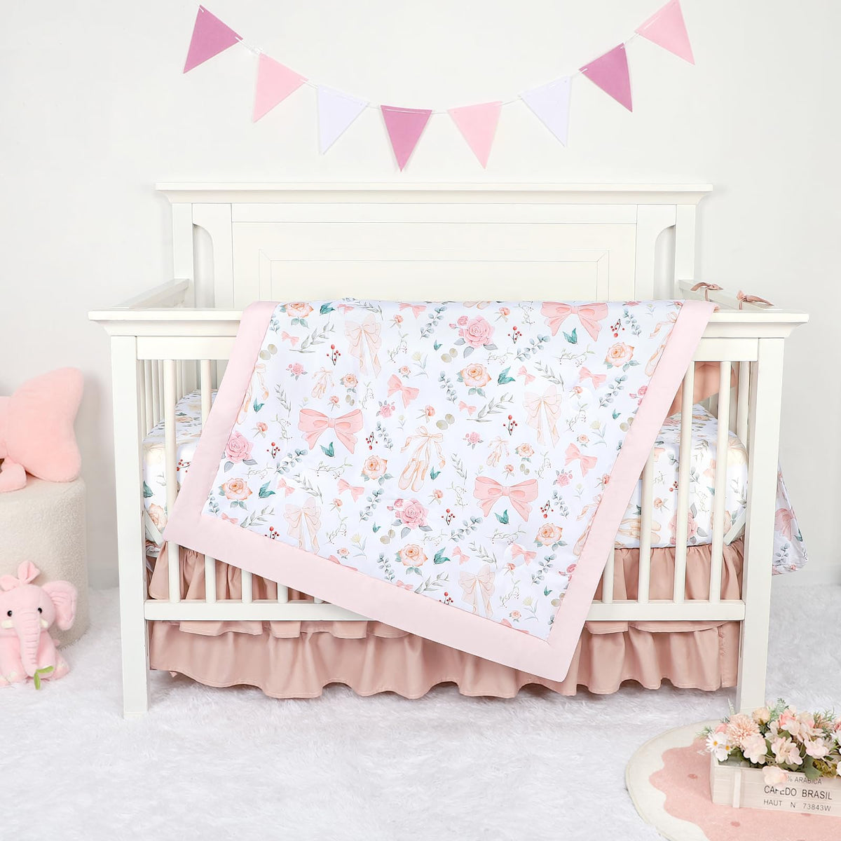 Crib Bedding Set for Girls 4-Piece, Bow Baby Girl Crib Bedding Set Pink Flowes, Nursery Sets Includes Comforter