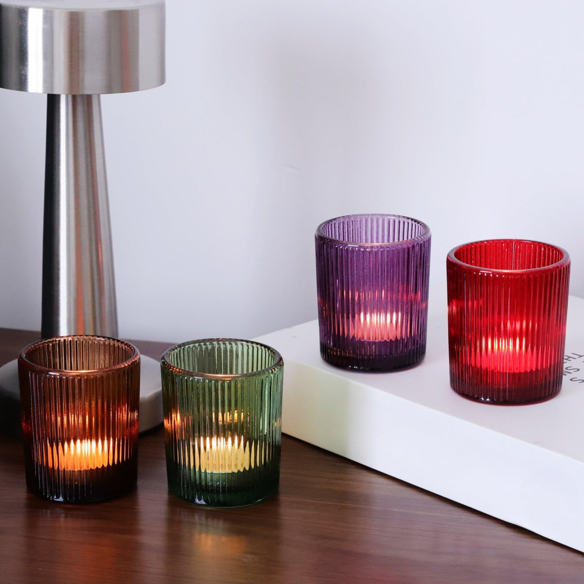 4 Colors Ribbed Glass Votive Candle Holders for Fall Decor, Set of 12