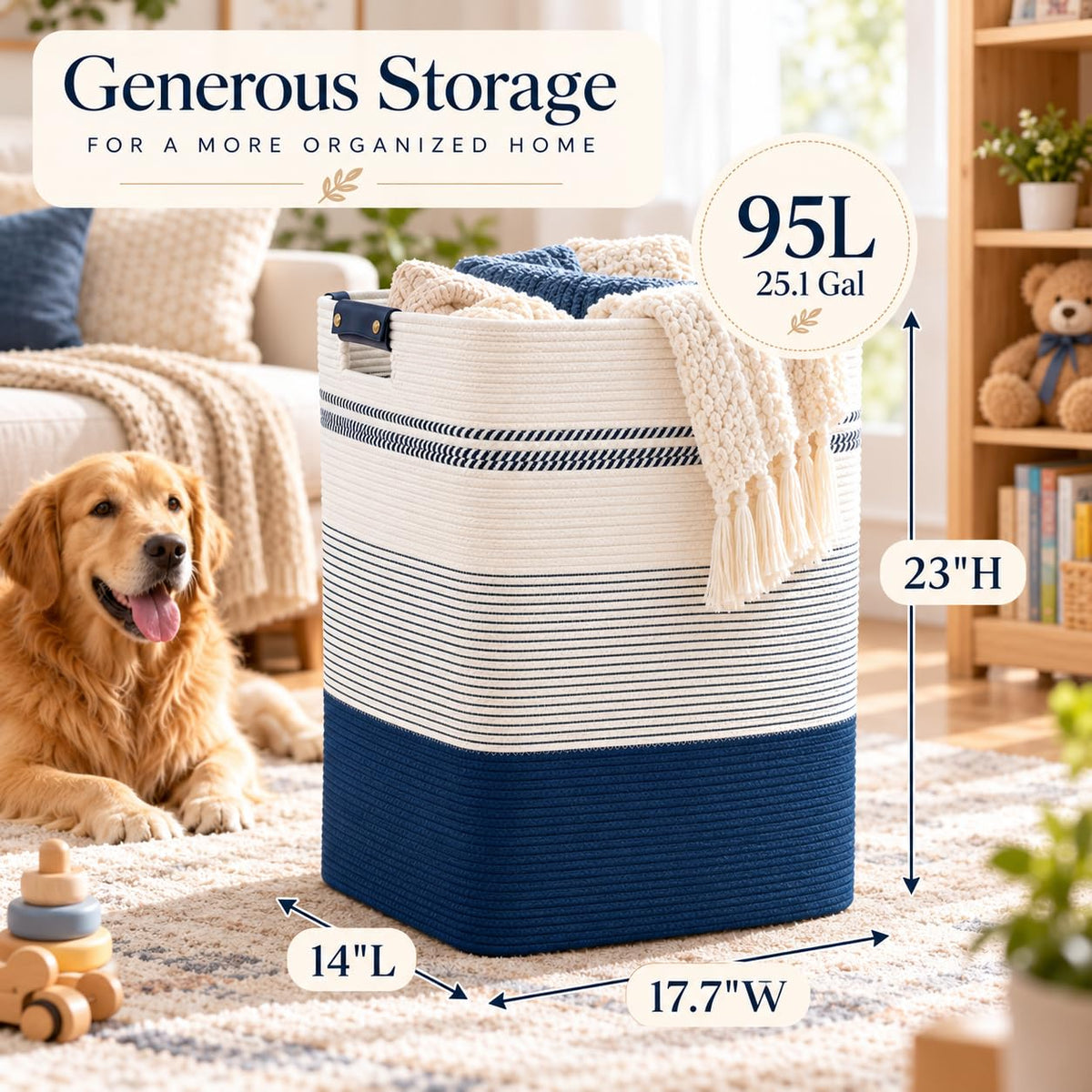 Laundry Hamper, Cotton Rope Laundry Basket with Leather Handles, 25.1-Gallon/95 L Large Clothes Hampers for Laundry