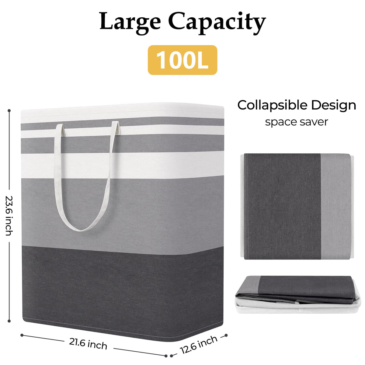 Basket Hamper, 100L Collapsible Clothes Storage, Grey