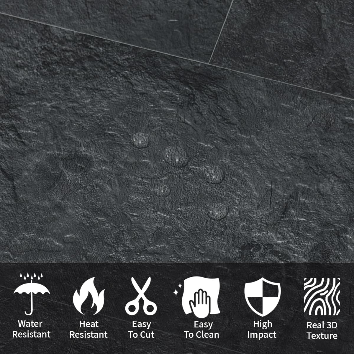 6" x 12" Black Slate Peel and Stick Backsplash Wall Tiles, PVC Faux Stone Stick on Tiles for Backsplash Kitchen
