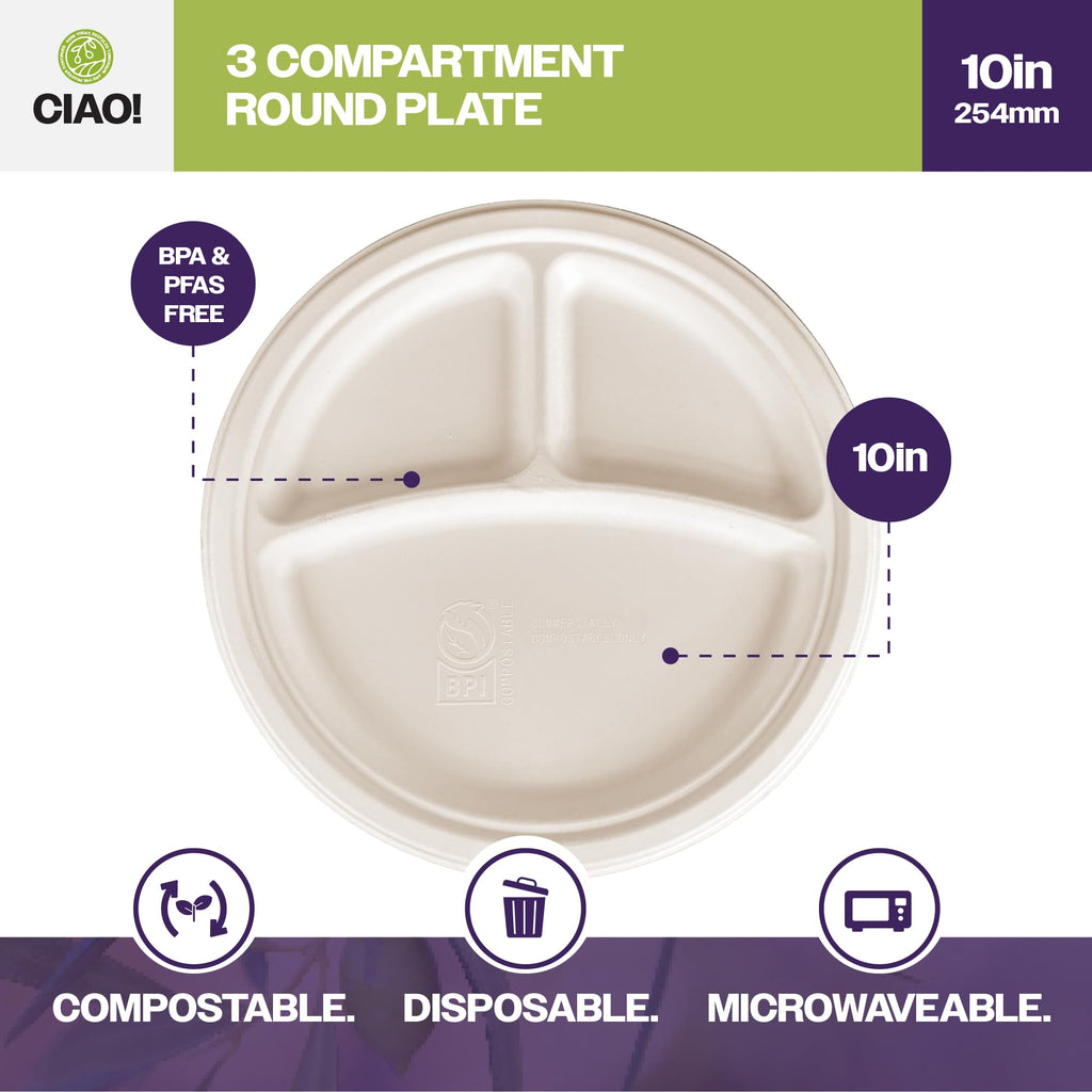 10" Heavy Duty Plate 3 compartment 100% Compostable PFAS Free Unbleached Bagasse Natural White (Pack of 500)