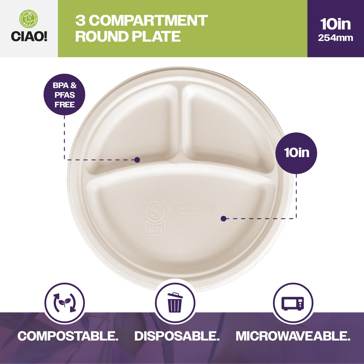 10" Heavy Duty Plate 3 compartment 100% Compostable PFAS Free Unbleached Bagasse Natural White (Pack of 500)