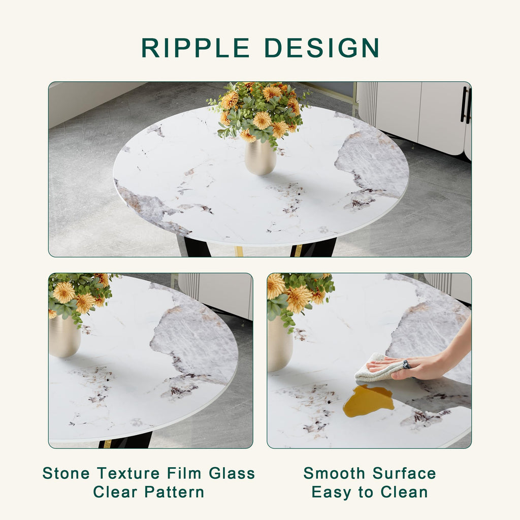 Inspired Saarinen Style 42 Inch Round Faux Marble Dining Table for 4, Modern Small Kitchen Table with Black Pedestal Base, Space Saving
