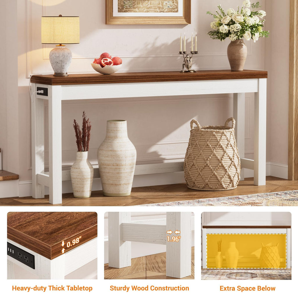 63" Console Table with 2 AC Outlets & 3 USB Ports, Rustic Oak