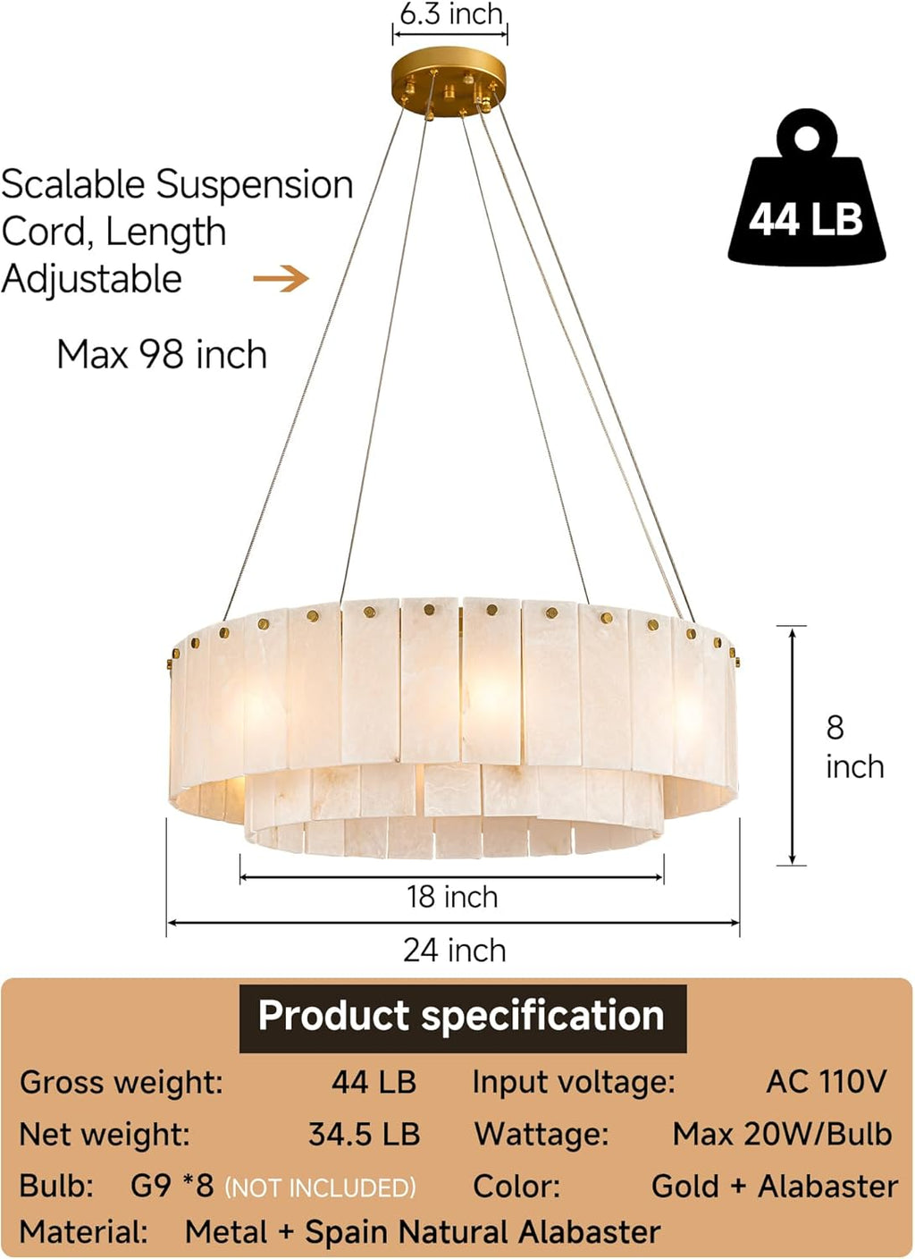 24" 8-Light Modern Round Chandelier