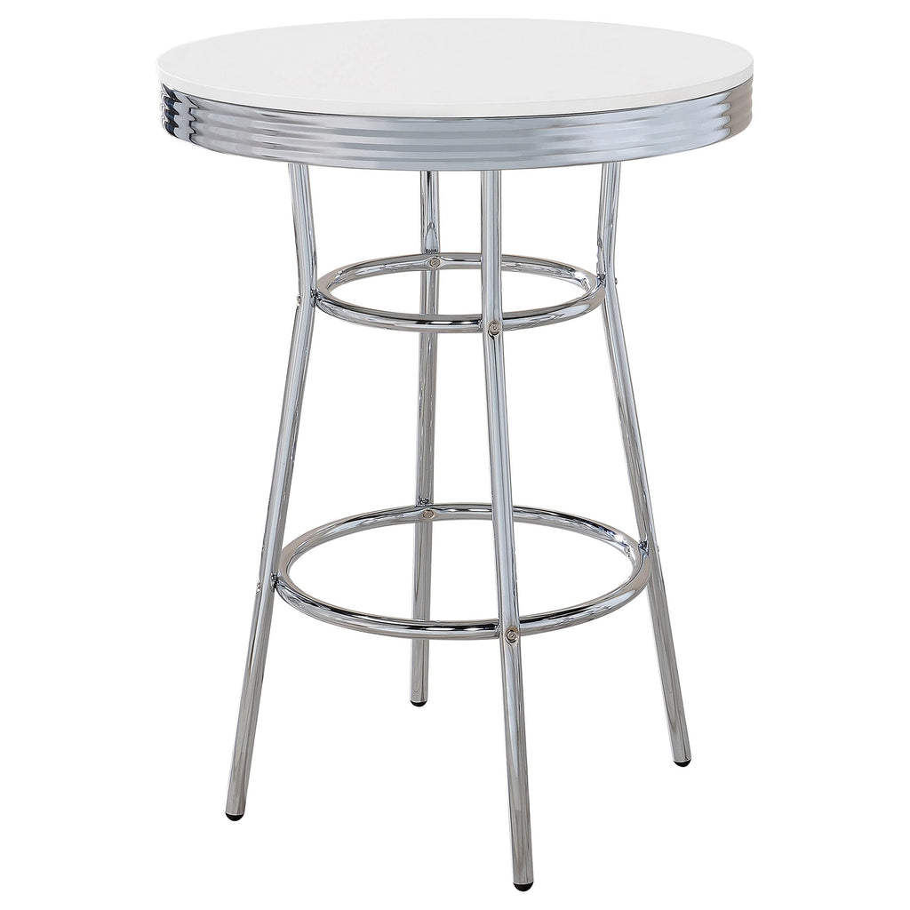 Retro 1950s Soda Fountain Diner Pub Height Game Room Bar Table White Laminate Top Sturdy Steel Chrome Base 2300