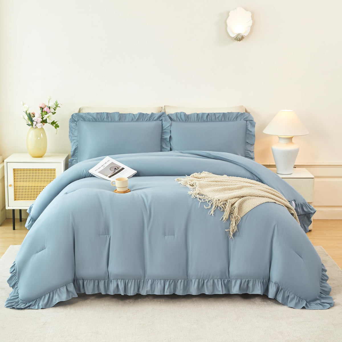 5Pcs Comforter Sets Dusty Blue Ruffle Bedding Sets