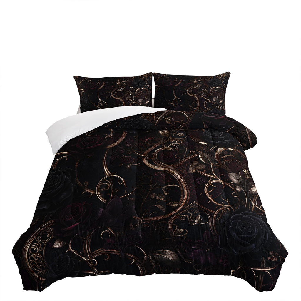 Queen 3 Piece Comforter Set, Black Rose Burgundy Baroque Filigree, Soft Lightweight All Season Bedding with 2