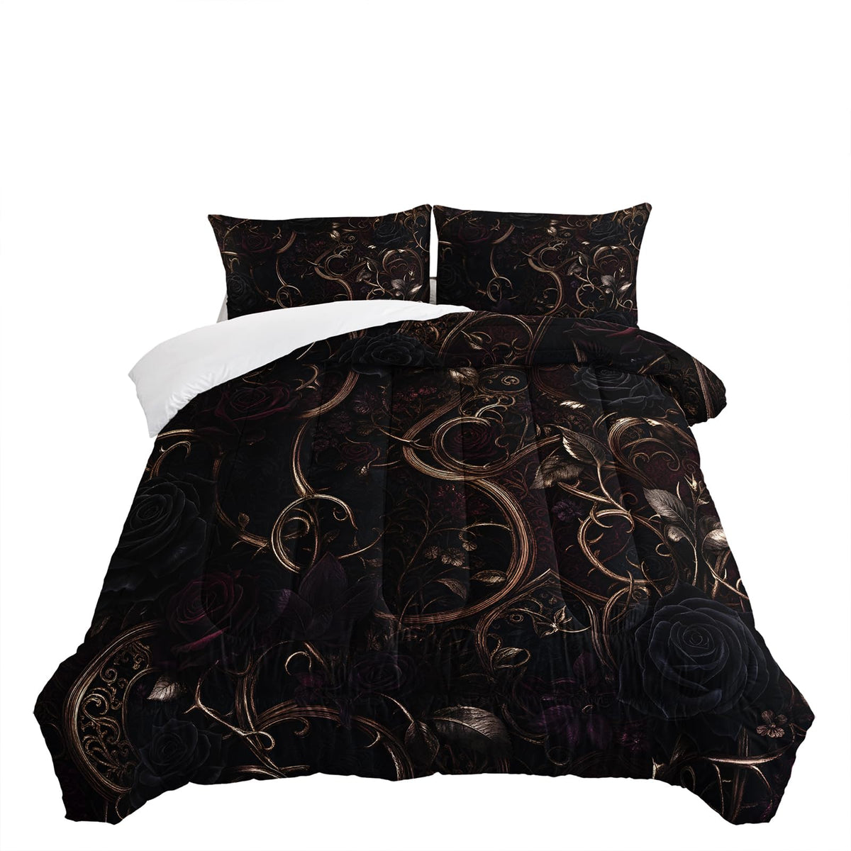Queen 3 Piece Comforter Set, Black Rose Burgundy Baroque Filigree, Soft Lightweight All Season Bedding with 2