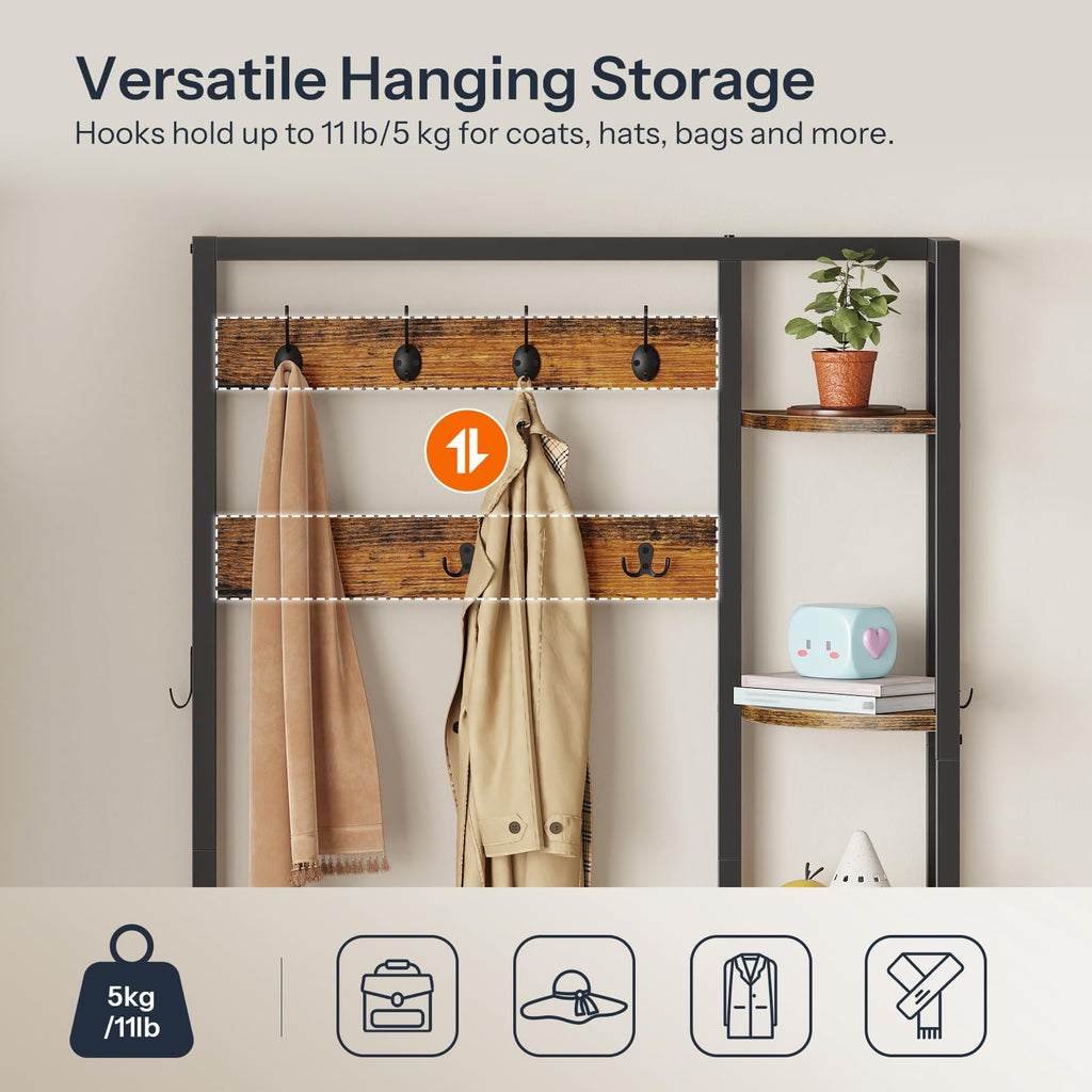 Hall Tree with Shoe Rack and Coat Hooks, Rustic Brown and Black