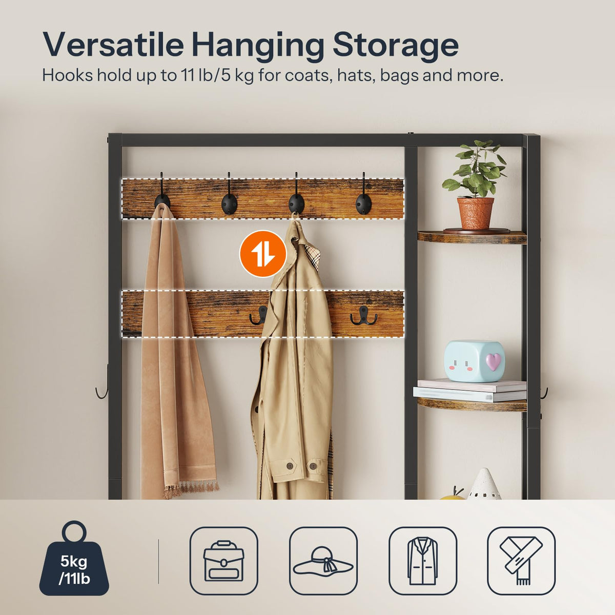 Hall Tree with Shoe Rack and Coat Hooks, Rustic Brown and Black