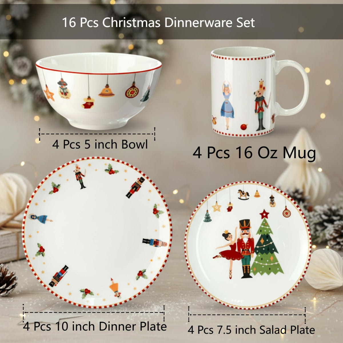 16 Pcs Nutcracker Christmas Dishes Dinnerware Set for 4 Guest