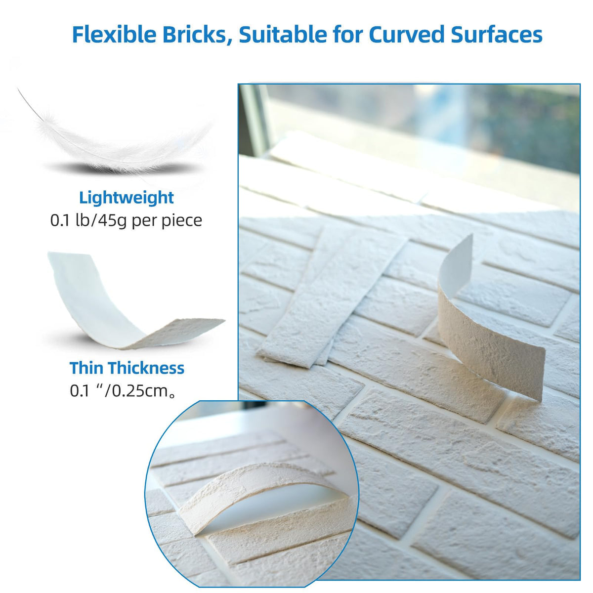 White Faux Brick Wall Tiles, 3D Thin Brick Veneers for Indoor Outdoor Wall Decoration, for TV Background, Bedroom